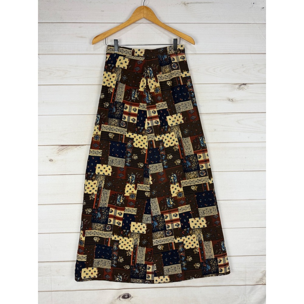 VTG Skirt Small Brown Corduroy Patchwork Maxi Floral Boho A-Line Hand Made
